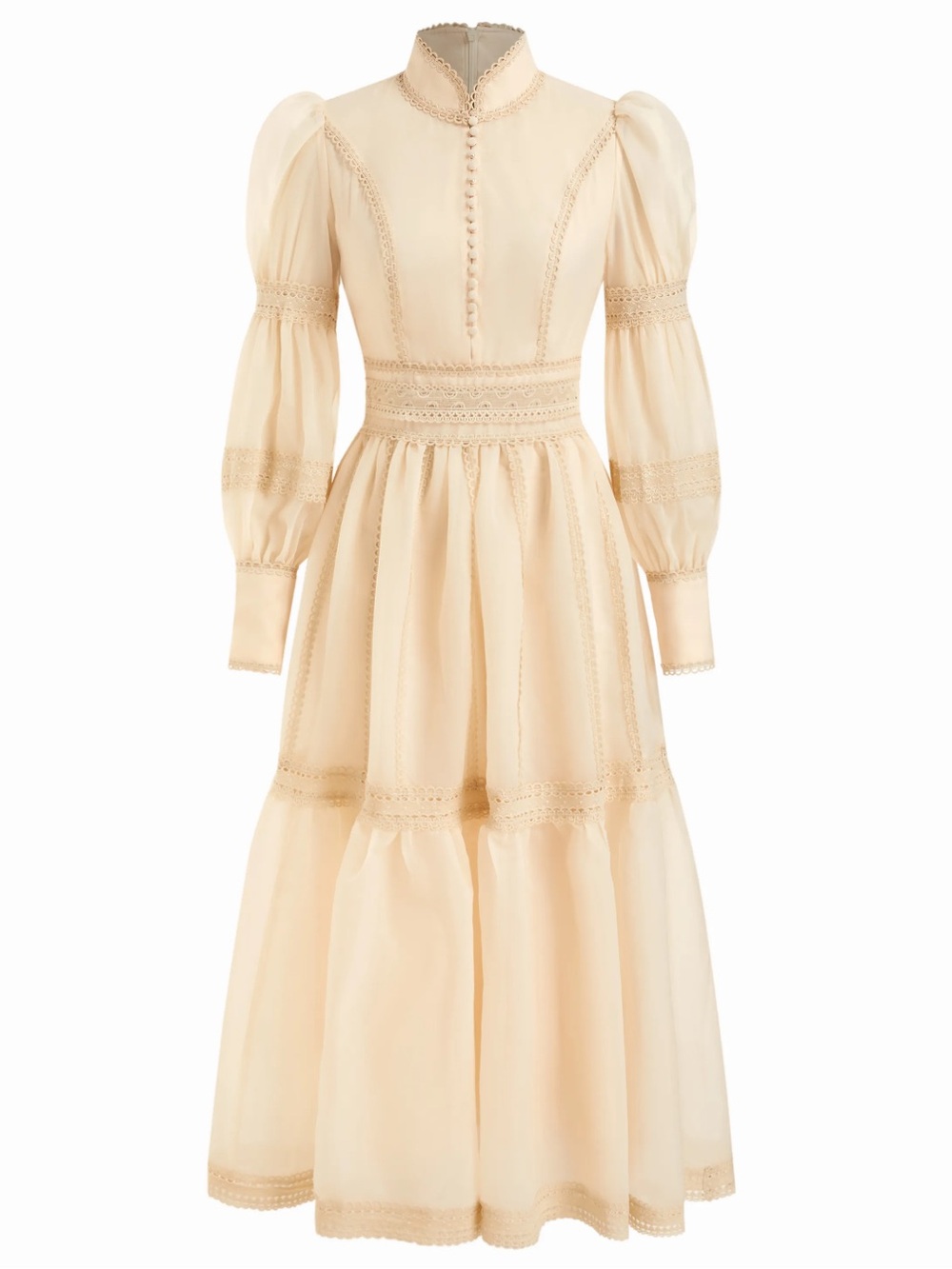 NWT CIDER CHIFFON HIGH NECK CONTRASTING LACE CINCHED WAIST A-LINE MAXI DRESS - Picture 5 of 16